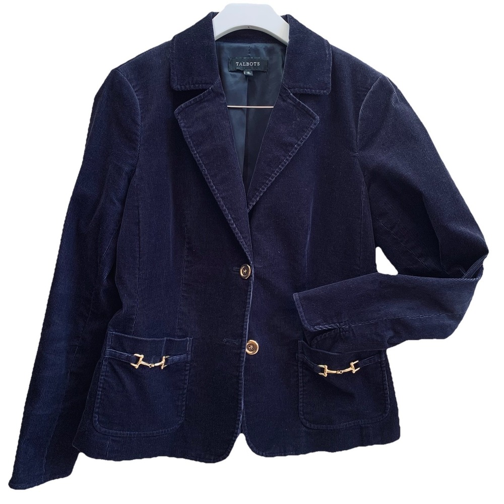 Talbots Women's Navy Blue Stretch Corduroy Blazer with Gold Metal Hardware Sz-10